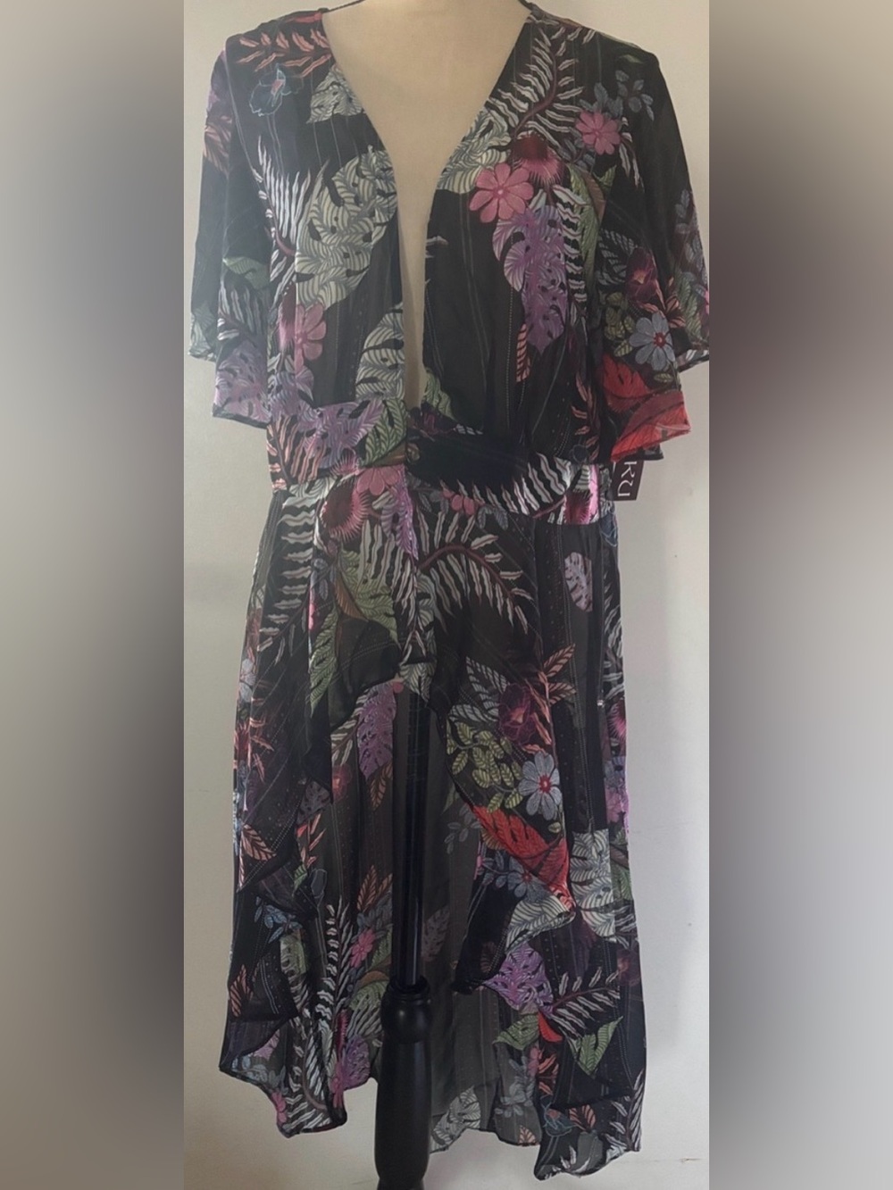 Baku Floral V-Neck maxi hi low cardigan-Black with Multicolor Floral